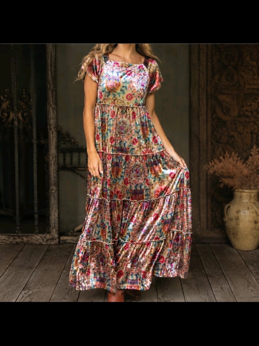 Natural Life Velvet Floral Tiered Maxi Dress M
